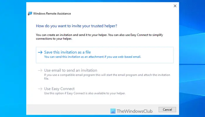 Use email to send an invitation option grayed out in Windows Remote Assistance