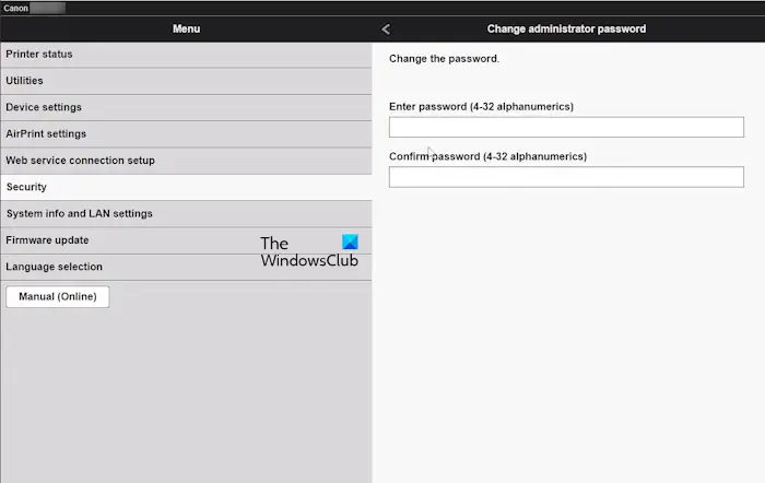 Change Canon printer password