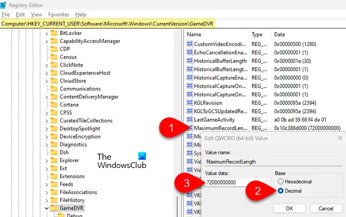 Change Max Recording Length for Game Bar via Registry Editor