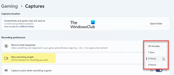 Change Max Recording Length for Game Bar via Settings app