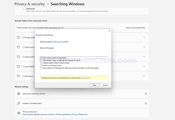 Indexing Troubleshooter