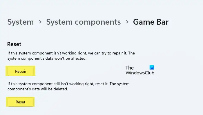 Reset, Repair Game Bar