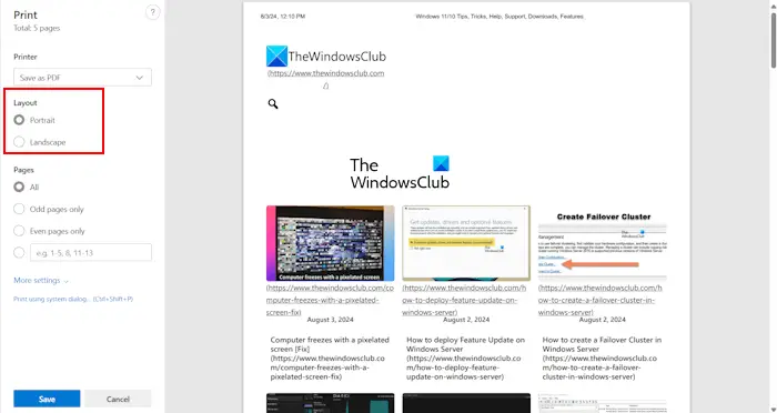 Select Print Layout in Microsoft Edge