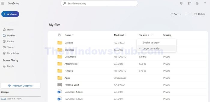 Sort by Larger to Smaller OneDrive