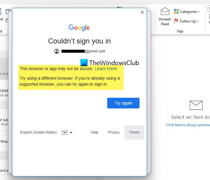 Cannot add Gmail to Outlook: This browser or app may not be secure