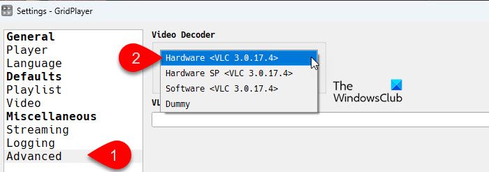 Video Decoder settings in GridPlayer