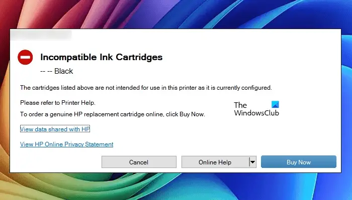 Incompatible Ink Cartridges error HP Printer