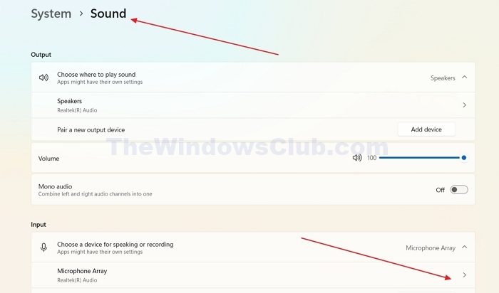 Open Microphone Array settings in Windows