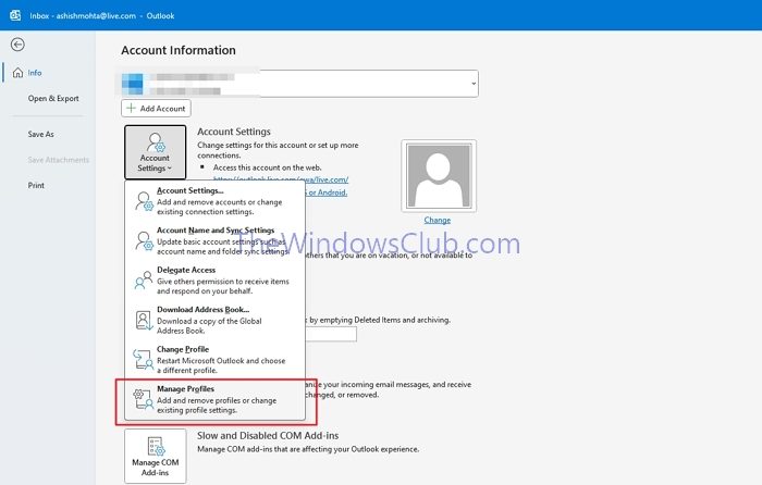 Outlook Manage Profile