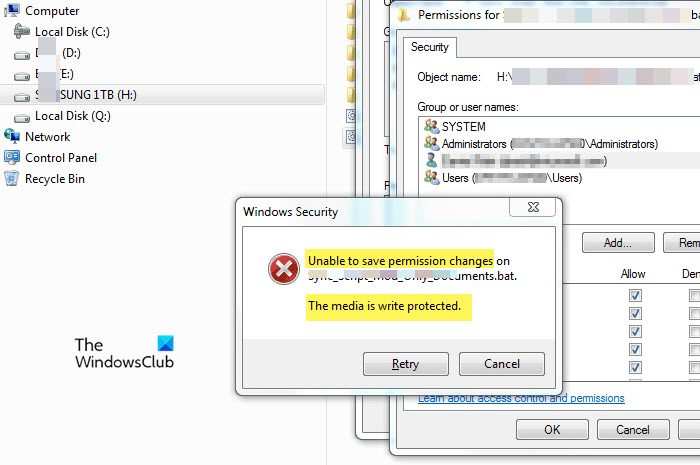 Unable to save permission changes the media is write protected