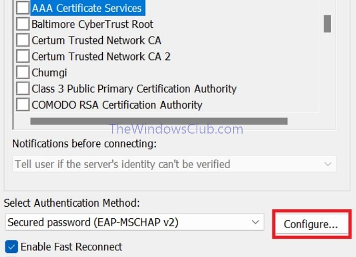 Wifi Setup Configure Authentication Settings