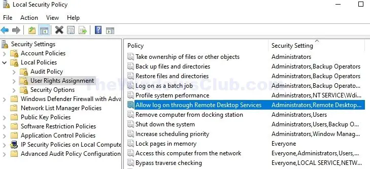 Win Security Policy Remote Desktop Access