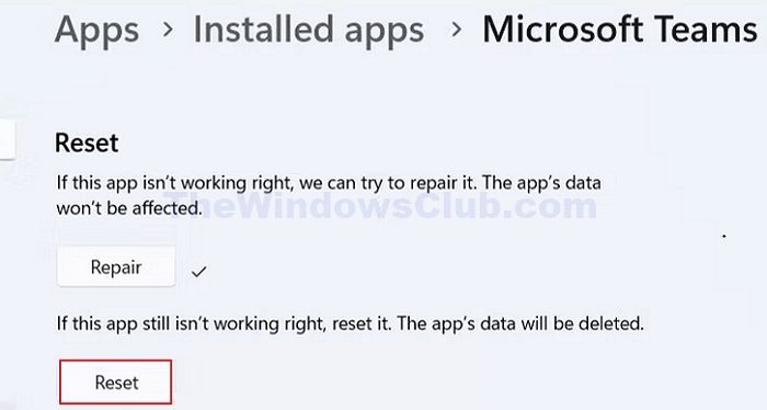 Windows Reset Teams App