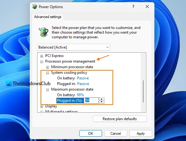 change max processor state cooling policy