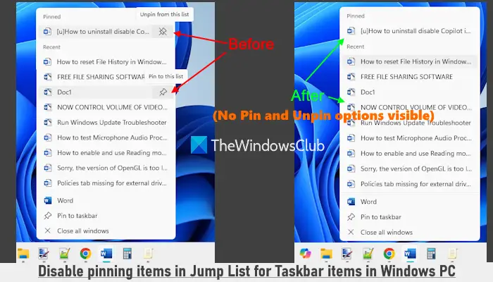 disable pinning items jump list taskbar