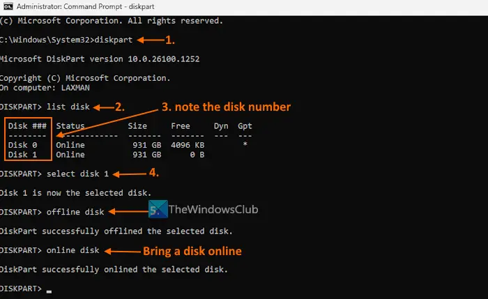 make disk offline online command prompt