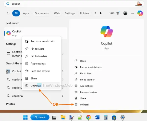 remove copilot using search box