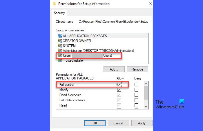 setting permissons for SetupInformation Bitdefender