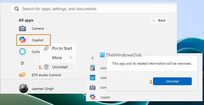 uninstall copilot using start menu