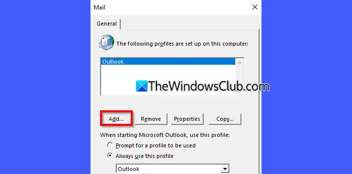 Add new profile - Outlook