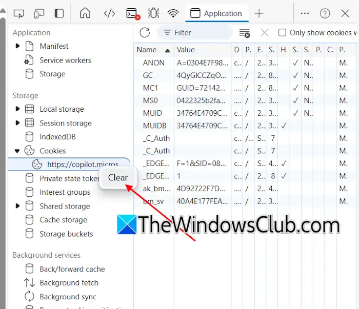Clear cookies for Copilot in Edge
