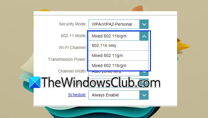 Configure wireless standard in router settings