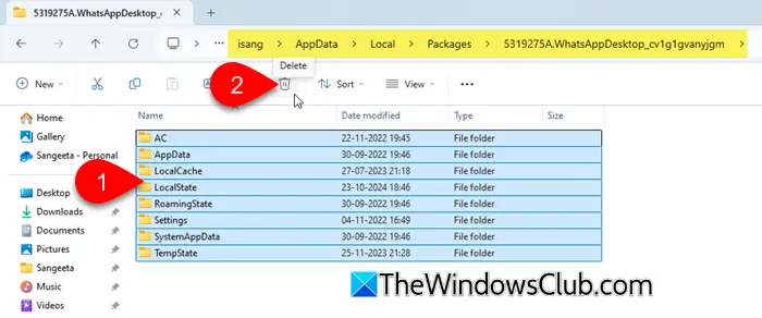 Deleteing WhatsApp cache in Windows 11