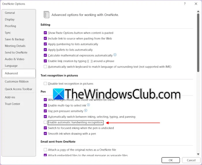Disable automatic handwriting recognition OneNote