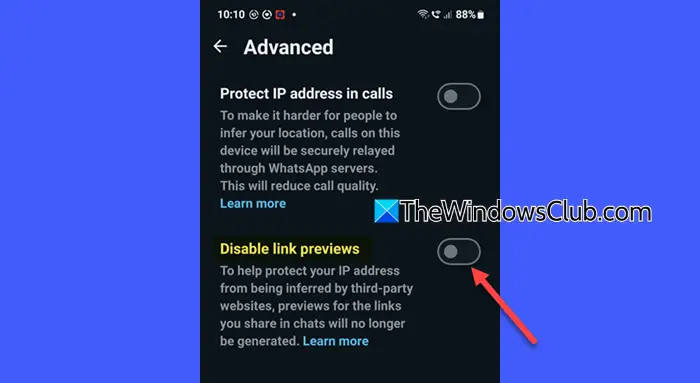 Disable link previews setting