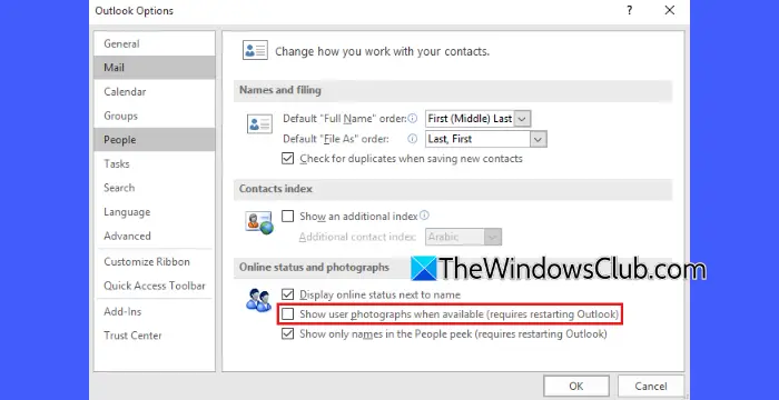 Disabling contact photos Outlook