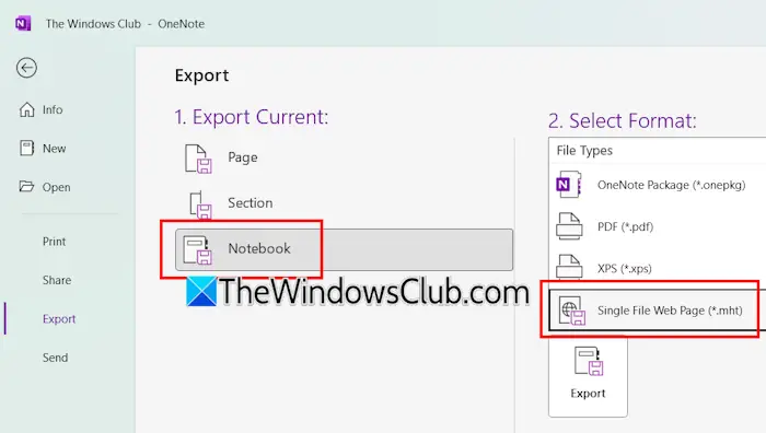 Export OneNote notebook as MHT