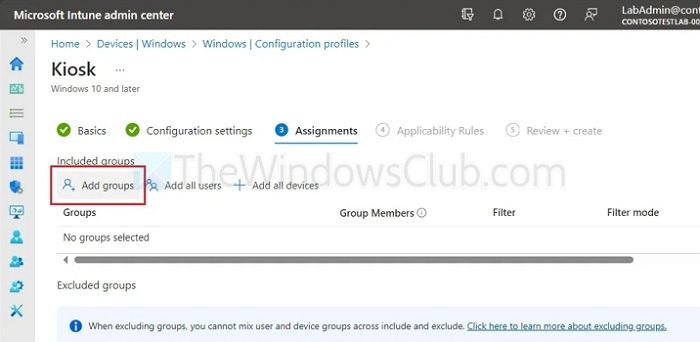 Intune Kiosk Mode Config Group Addition