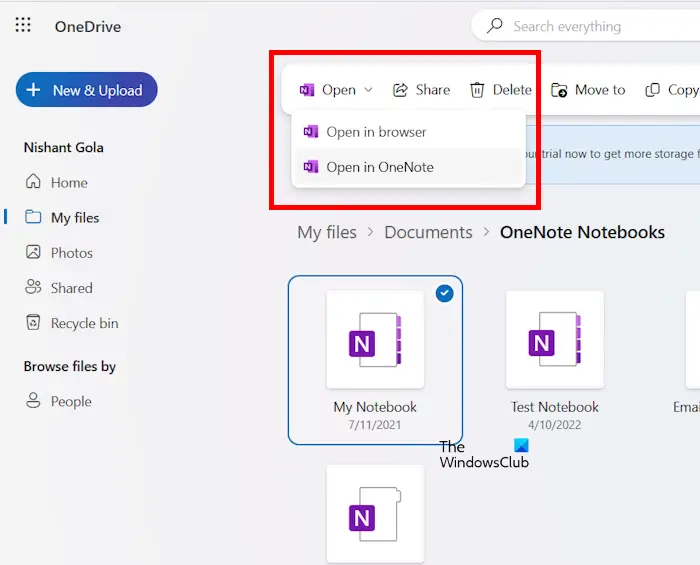 Open OneNote notebook from web