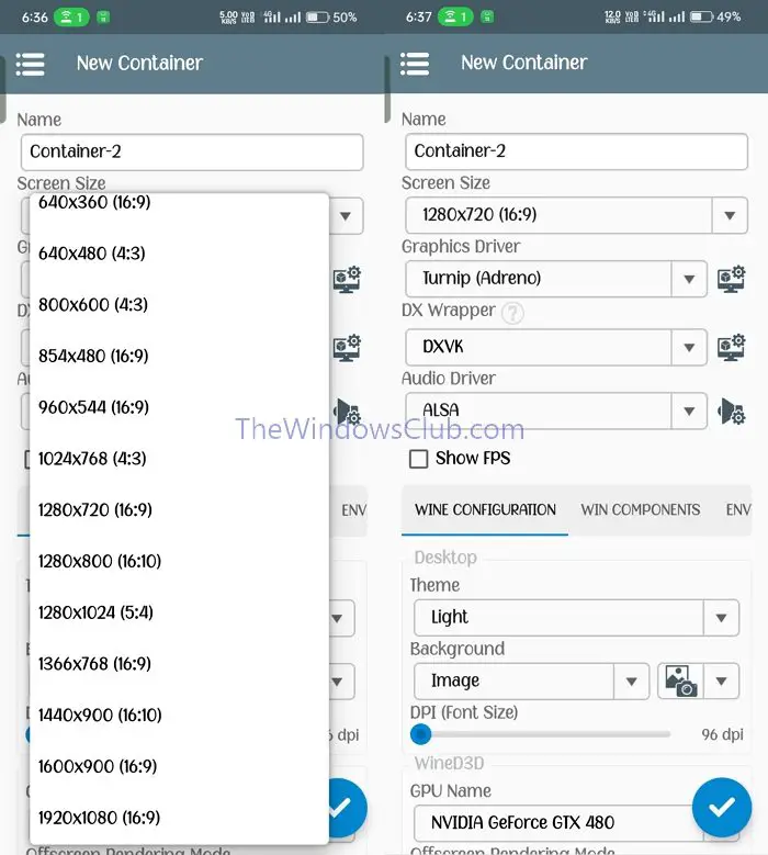 Select Resolution Containers Winlator