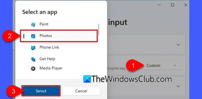 Seleting app for Customize Copilot key on keyboard