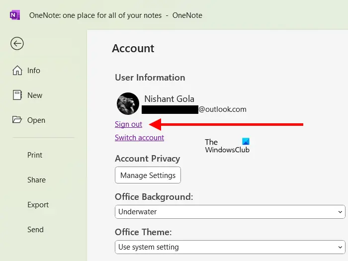 Sign out of OneNote