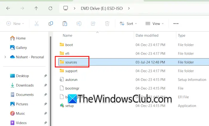 Sources folder in Windows installation mdeia