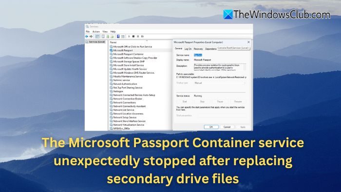 The Microsoft Passport Container service unexpectedly stopped after replacing secondary drive files