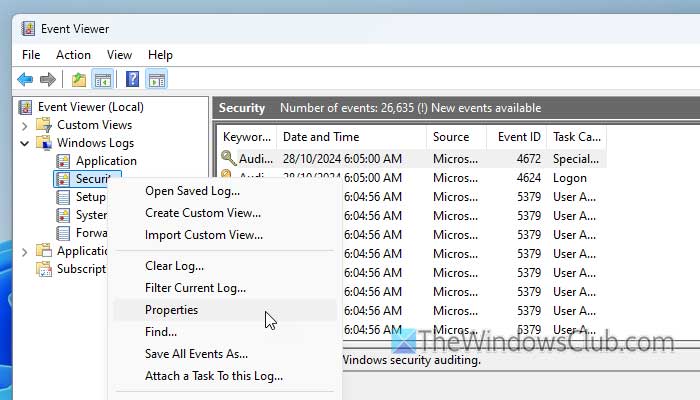 How to change the maximum security log size in Windows Event Viewer