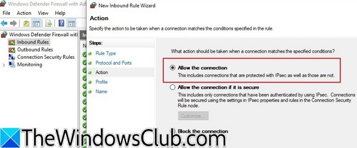 Windows Defender Rule Allow Connection Option