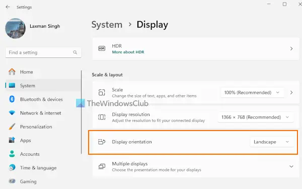 change display orientation settings app