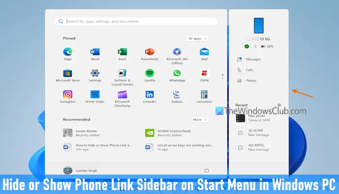 Hide or Show Phone Link Sidebar on Start Menu in Windows 11