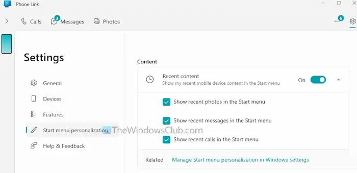 start menu personalization phone link