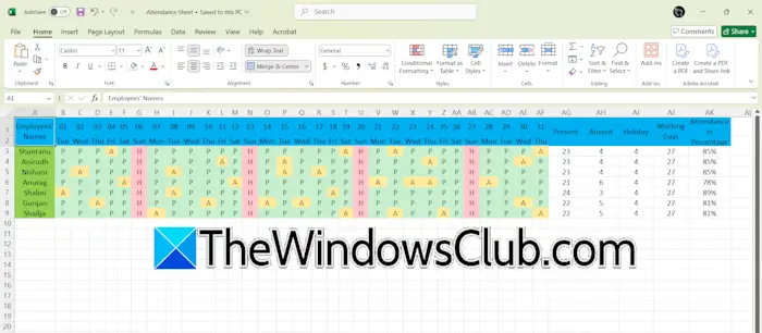 Attendance sheet in Excel