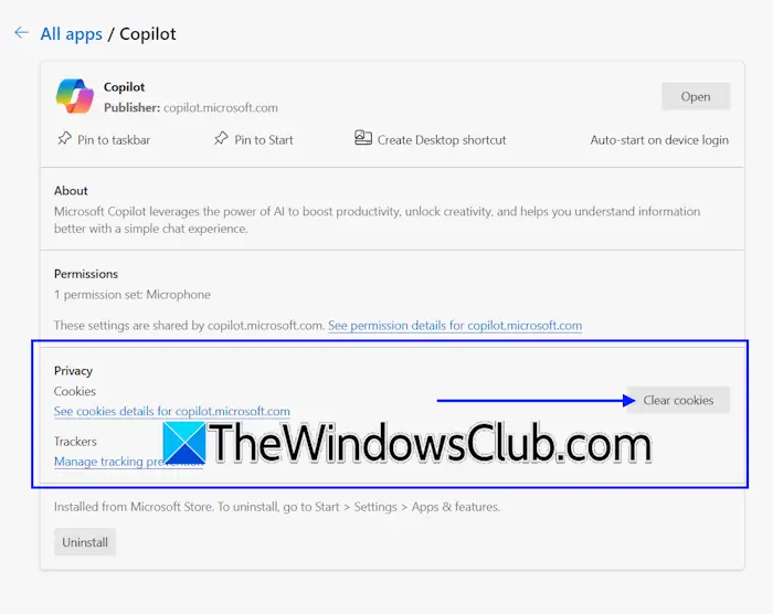 Clear Copilot cookies