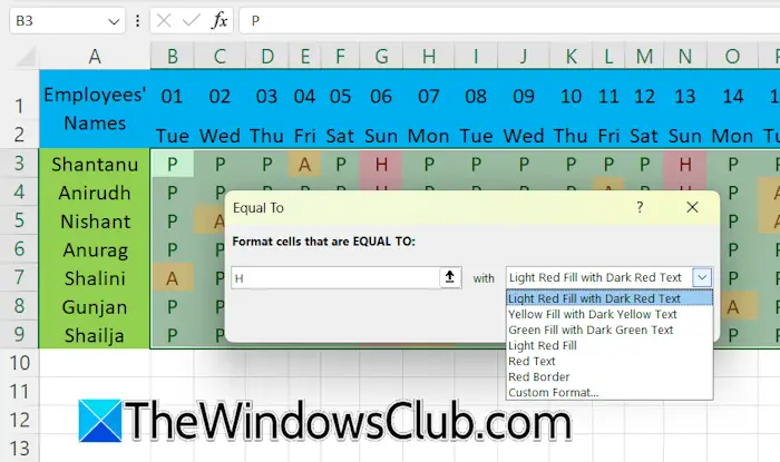 Conditional formatting for Present Absent days