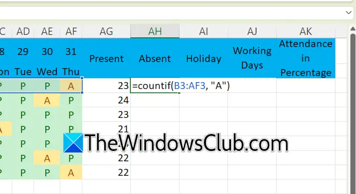 Count absent days of an employee