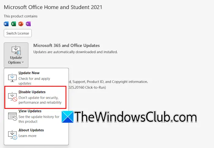 Disable automatic updates in Office