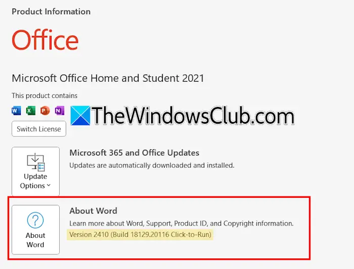 Microsoft Office version number