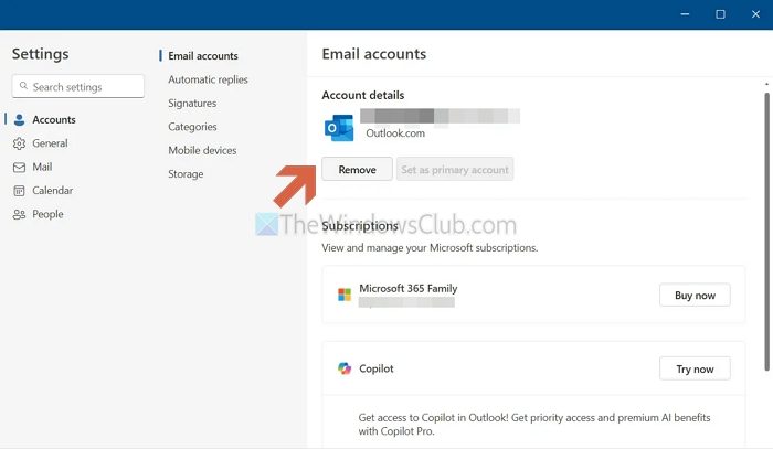 Remove Outlook Account from Outlook App